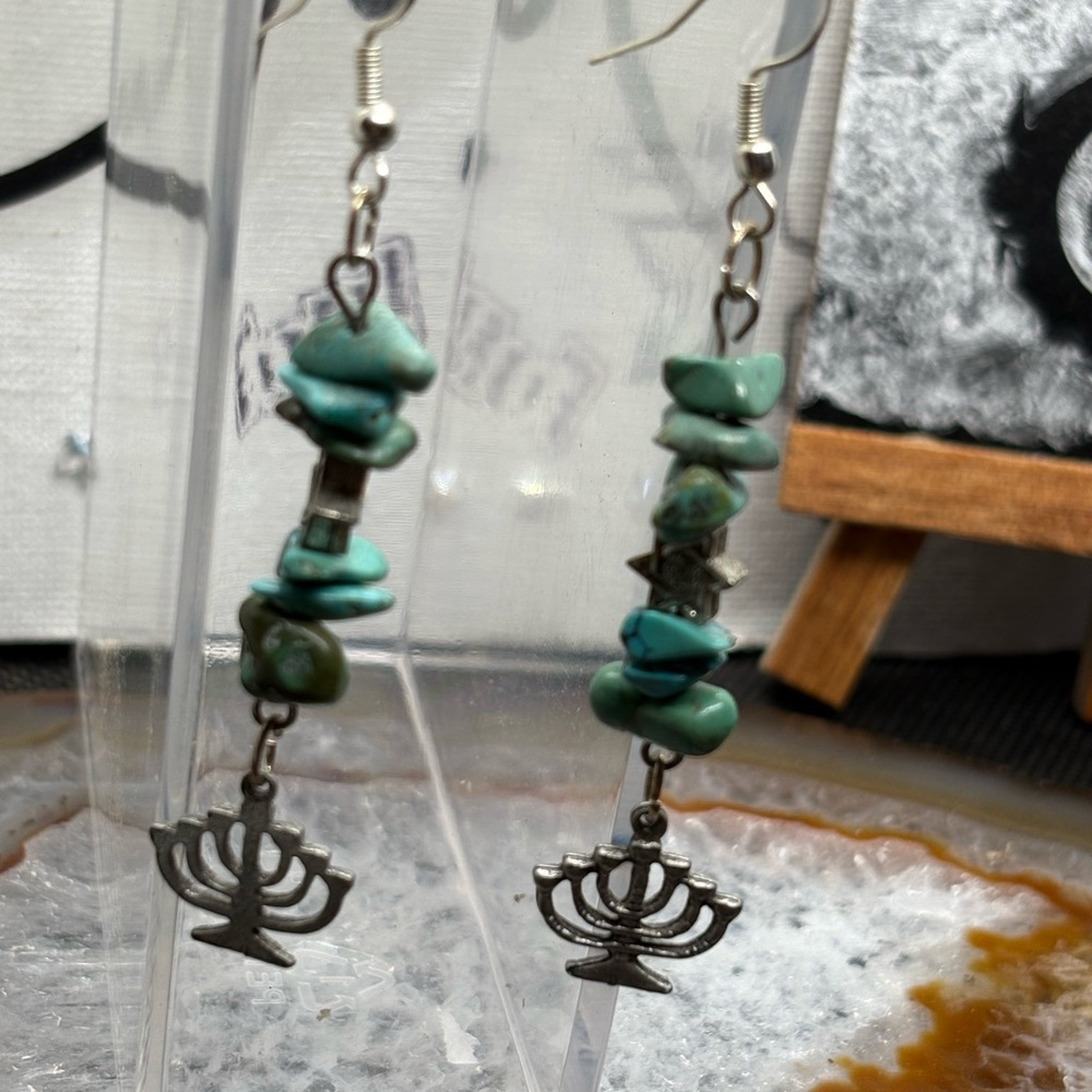 Silver and Turquoise Earrings with Menorah Charm